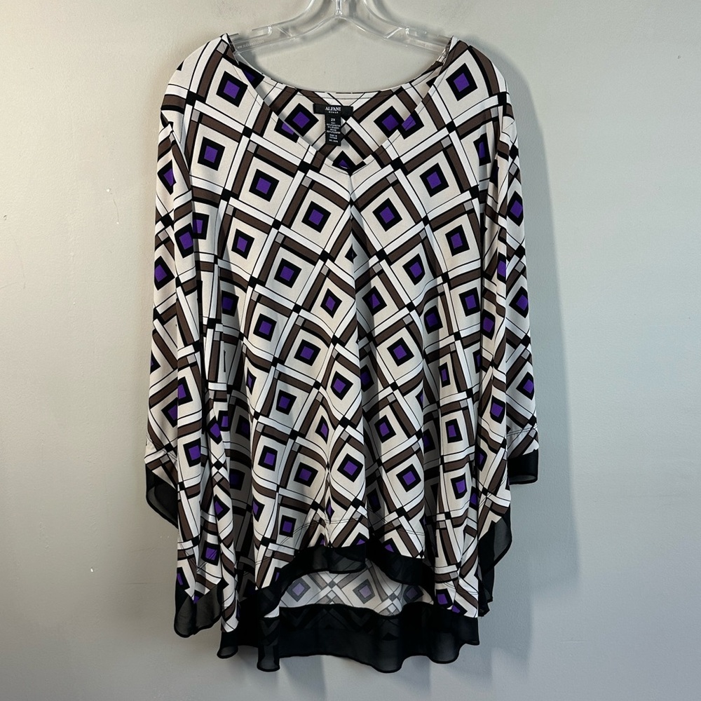 Alfani Geometric Print Blouse in White, Black & Purple
